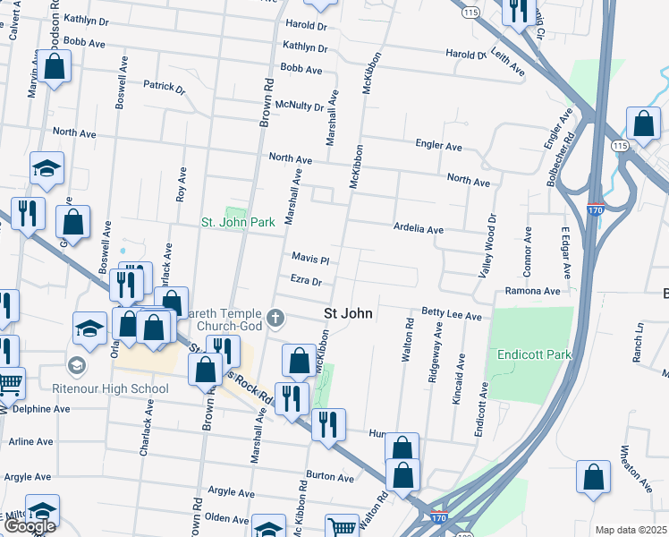 map of restaurants, bars, coffee shops, grocery stores, and more near 8700 Mavis Place in St. Louis
