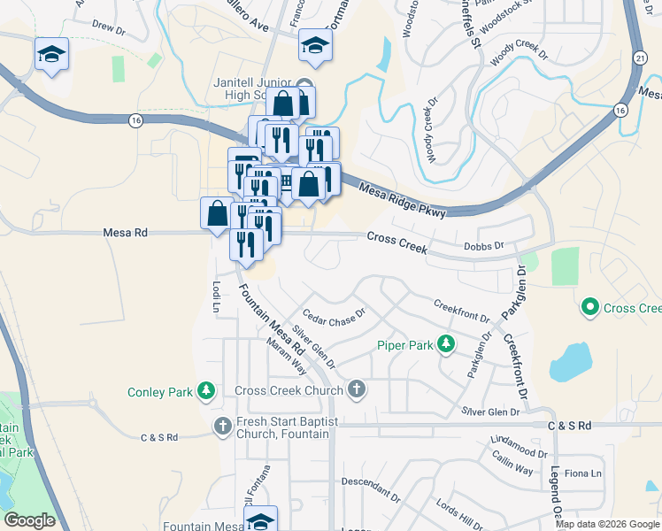 map of restaurants, bars, coffee shops, grocery stores, and more near 8147 Elk River View in Fountain