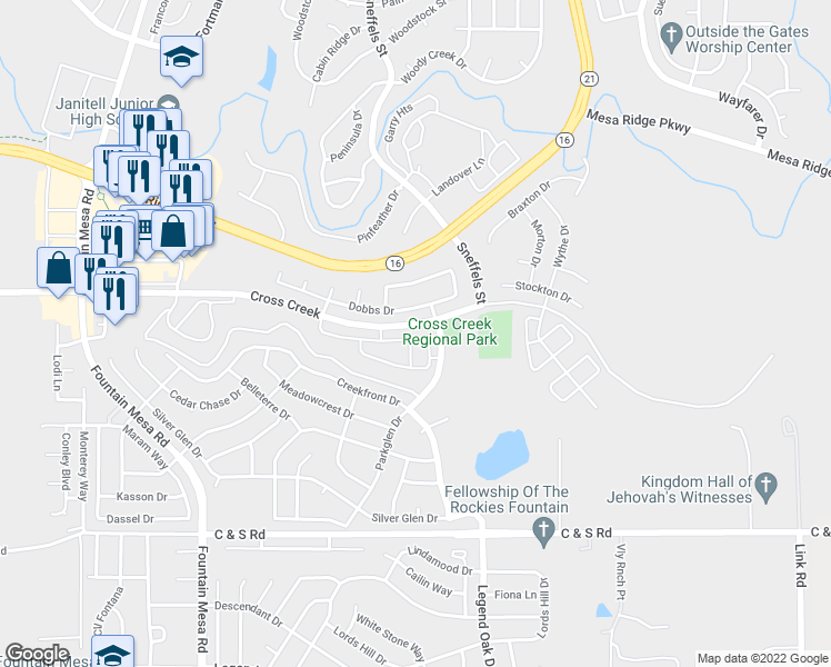 map of restaurants, bars, coffee shops, grocery stores, and more near 7560 Sandy Springs Point in Fountain