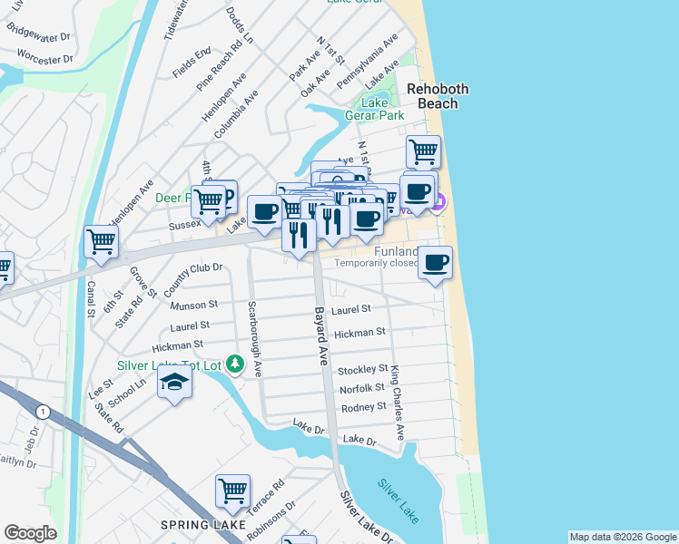 map of restaurants, bars, coffee shops, grocery stores, and more near 4 2nd Street in Rehoboth Beach
