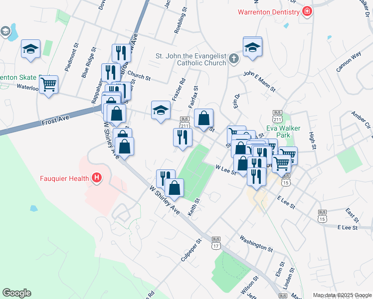 map of restaurants, bars, coffee shops, grocery stores, and more near 47 Warrenton Boulevard in Warrenton