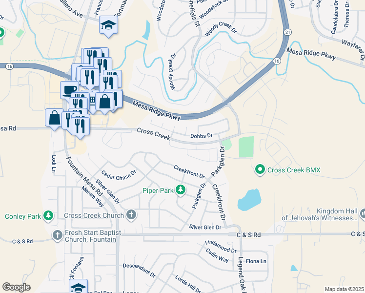 map of restaurants, bars, coffee shops, grocery stores, and more near 7398 Sandy Springs Point in Fountain
