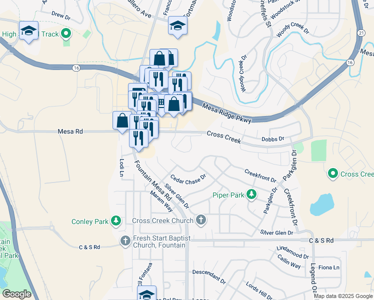 map of restaurants, bars, coffee shops, grocery stores, and more near 7126 Yampa River Heights in Fountain