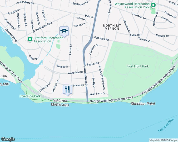 map of restaurants, bars, coffee shops, grocery stores, and more near 1804 Bushrod Road in Alexandria