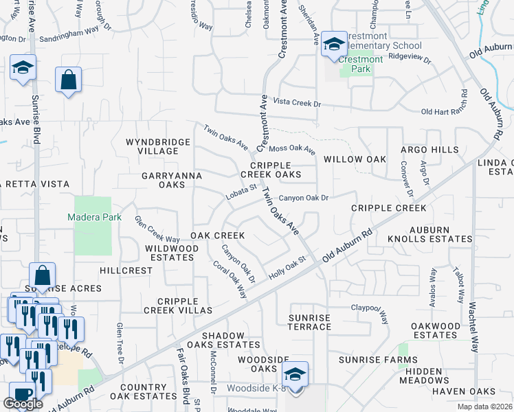 map of restaurants, bars, coffee shops, grocery stores, and more near 8174 Lobata Street in Citrus Heights