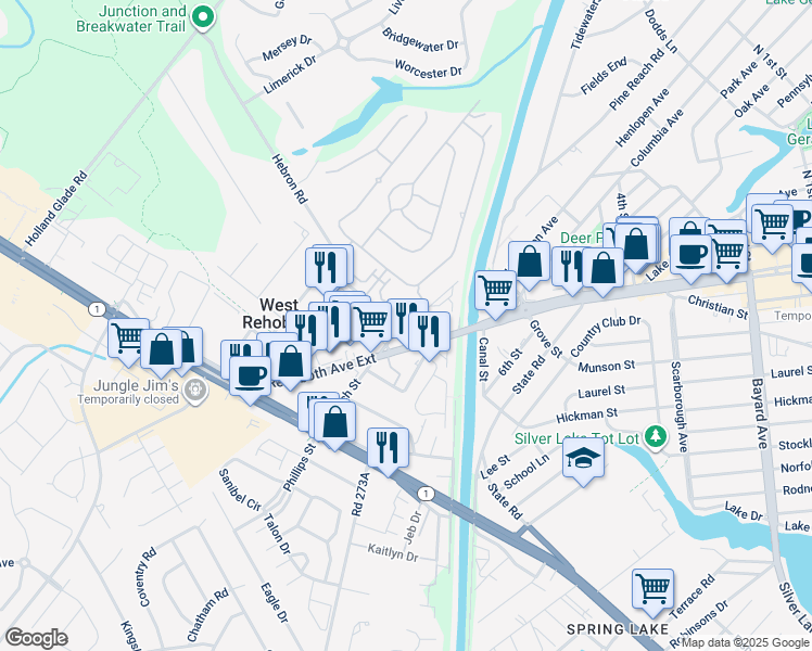 map of restaurants, bars, coffee shops, grocery stores, and more near 19911 Church Street in Rehoboth Beach