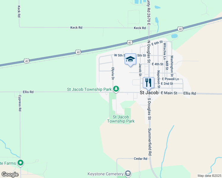 map of restaurants, bars, coffee shops, grocery stores, and more near 118 Olyvia Drive in Saint Jacob