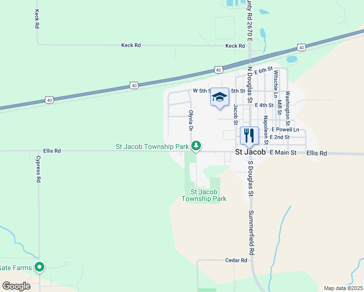 map of restaurants, bars, coffee shops, grocery stores, and more near 727 West 5th Street in Saint Jacob