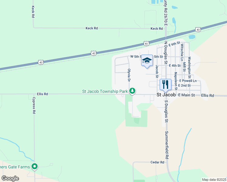 map of restaurants, bars, coffee shops, grocery stores, and more near 728 West 5th Street in Saint Jacob