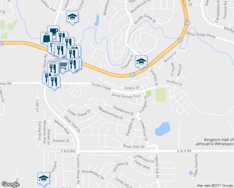 map of restaurants, bars, coffee shops, grocery stores, and more near 7374 Sandy Springs Point in Fountain