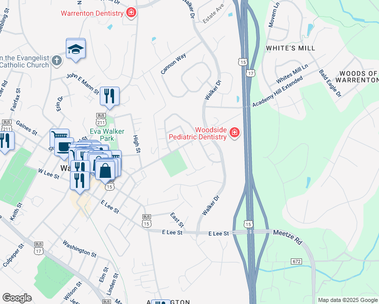 map of restaurants, bars, coffee shops, grocery stores, and more near 179 Sterling Court in Warrenton