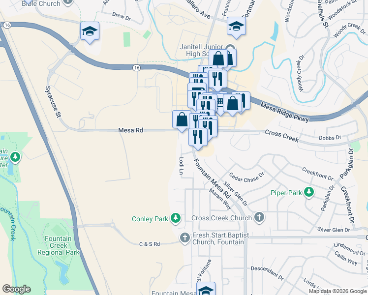 map of restaurants, bars, coffee shops, grocery stores, and more near 8005 Lodi Lane in Fountain