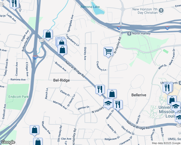 map of restaurants, bars, coffee shops, grocery stores, and more near 8743 Shirley Avenue in St. Louis