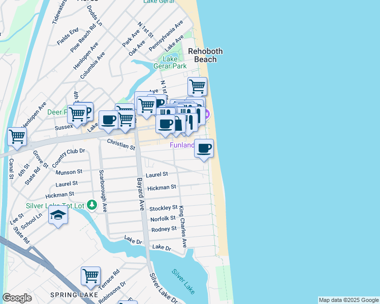 map of restaurants, bars, coffee shops, grocery stores, and more near 28 Wilmington Avenue in Rehoboth Beach