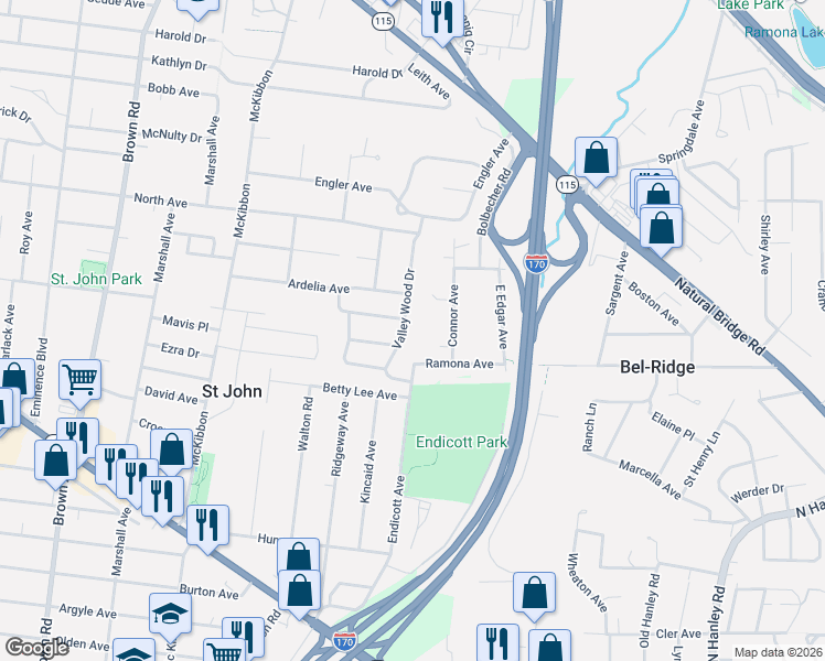 map of restaurants, bars, coffee shops, grocery stores, and more near 3510 Valley Wood Drive in St. Louis