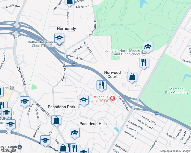 map of restaurants, bars, coffee shops, grocery stores, and more near 4625 San Diego Court in Saint Louis
