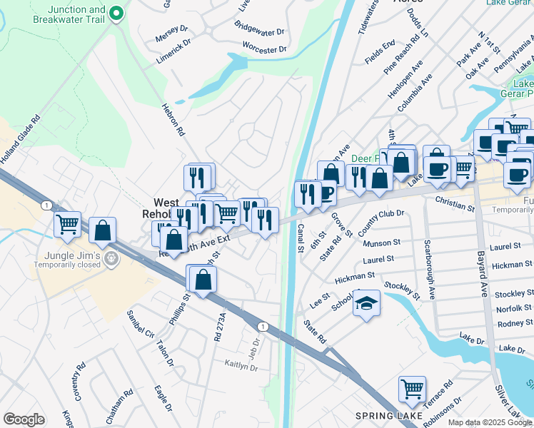 map of restaurants, bars, coffee shops, grocery stores, and more near 19911 Church Street in Rehoboth Beach