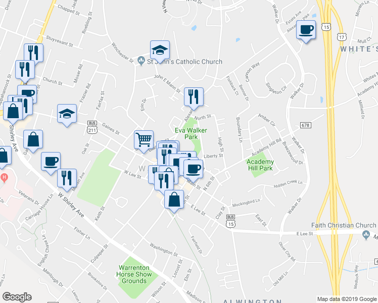 map of restaurants, bars, coffee shops, grocery stores, and more near 45 Horner Street in Warrenton