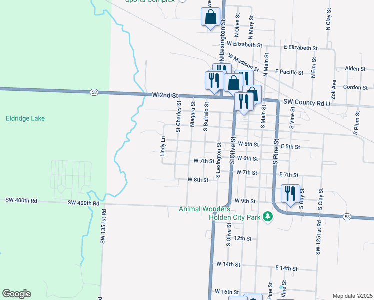 map of restaurants, bars, coffee shops, grocery stores, and more near 601 West 5th Street in Holden