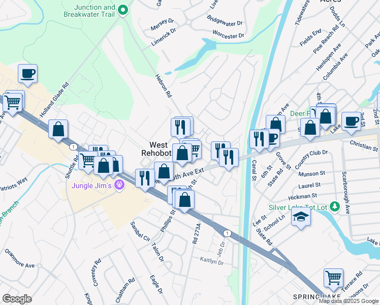 map of restaurants, bars, coffee shops, grocery stores, and more near 37401 Johnston Street in Rehoboth Beach