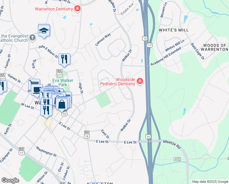 map of restaurants, bars, coffee shops, grocery stores, and more near 179 Sterling Court in Warrenton