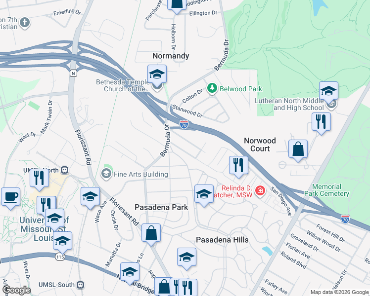 map of restaurants, bars, coffee shops, grocery stores, and more near 7615 Santa Monica Avenue in St. Louis