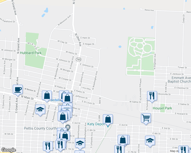 map of restaurants, bars, coffee shops, grocery stores, and more near 399 East Morgan Street in Sedalia