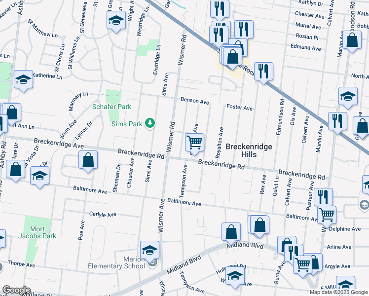 map of restaurants, bars, coffee shops, grocery stores, and more near 3227 Tennyson Avenue in St. Louis