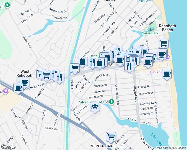 map of restaurants, bars, coffee shops, grocery stores, and more near in Rehoboth Beach