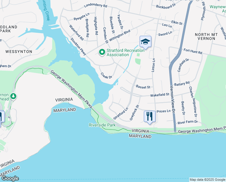 map of restaurants, bars, coffee shops, grocery stores, and more near 8906 Captains Row in Alexandria