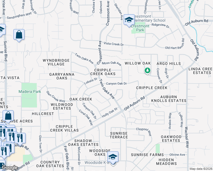 map of restaurants, bars, coffee shops, grocery stores, and more near 8245 Canyon Oak Drive in Citrus Heights