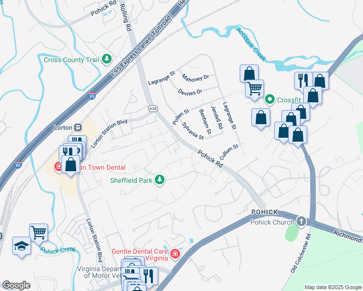 map of restaurants, bars, coffee shops, grocery stores, and more near 8921 Ataturk Way in Lorton