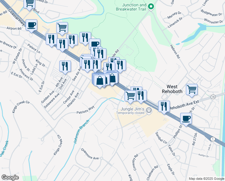 map of restaurants, bars, coffee shops, grocery stores, and more near 36698 Bayside Outlet Drive in Rehoboth Beach