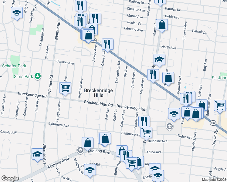 map of restaurants, bars, coffee shops, grocery stores, and more near 3306 Edmundson Road in Breckenridge Hills