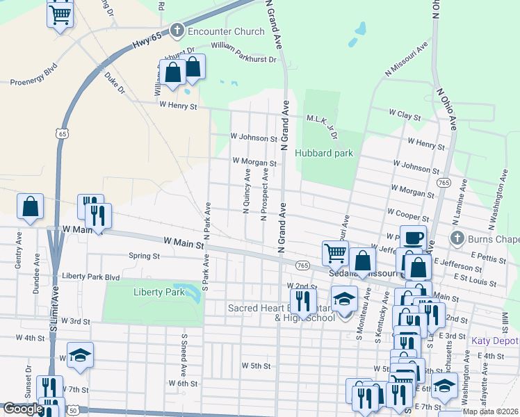 map of restaurants, bars, coffee shops, grocery stores, and more near 406 North Prospect Avenue in Sedalia