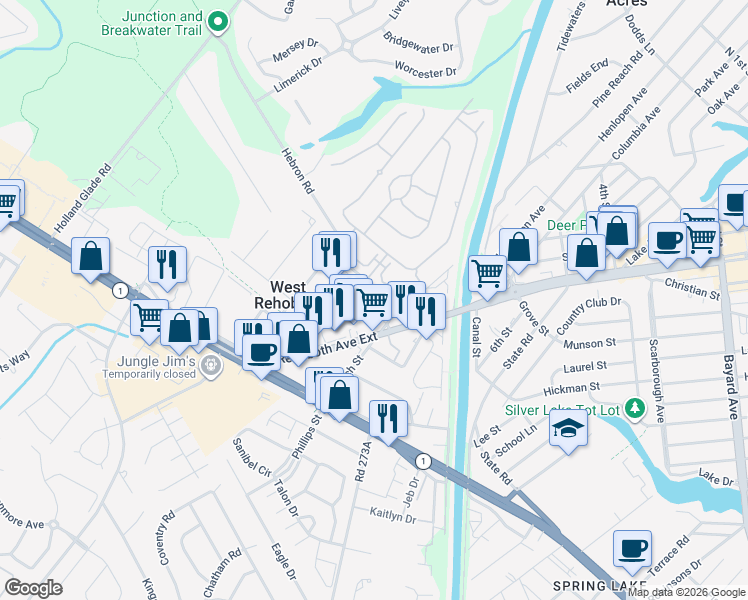map of restaurants, bars, coffee shops, grocery stores, and more near 37401 Johnston Street in Rehoboth Beach