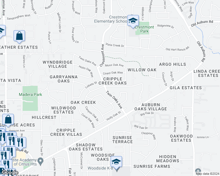 map of restaurants, bars, coffee shops, grocery stores, and more near 8250 Canyon Oak Drive in Citrus Heights