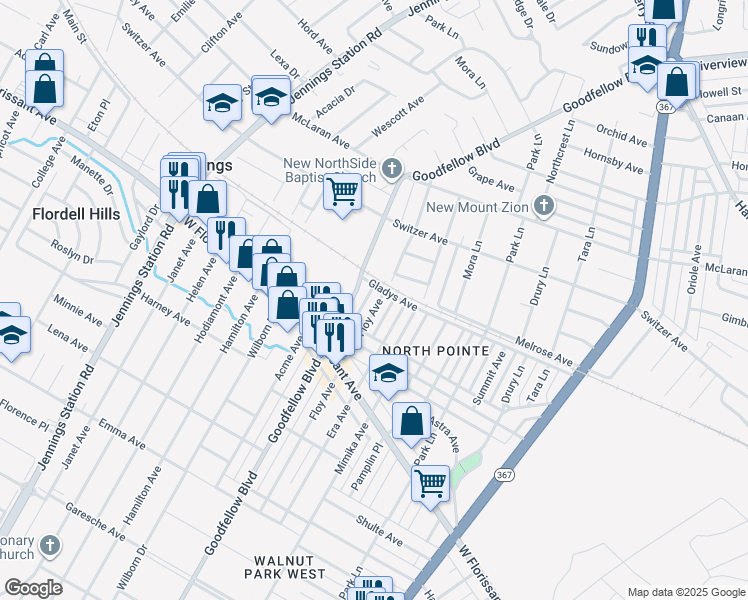 map of restaurants, bars, coffee shops, grocery stores, and more near 5960 Goodfellow Boulevard in St. Louis