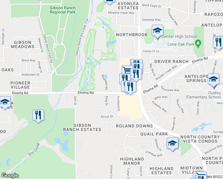 map of restaurants, bars, coffee shops, grocery stores, and more near 8000 Skeena Court in Antelope