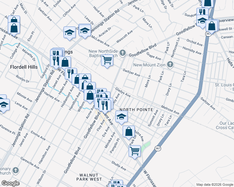 map of restaurants, bars, coffee shops, grocery stores, and more near 5960 Goodfellow Boulevard in St. Louis