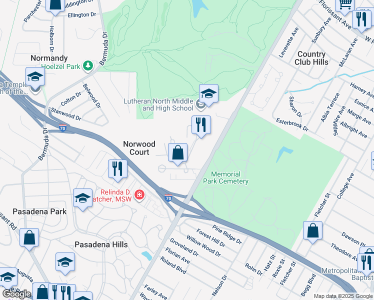 map of restaurants, bars, coffee shops, grocery stores, and more near 7208 Burrwood Drive in St. Louis