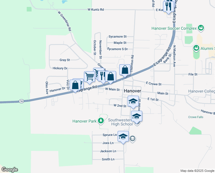 map of restaurants, bars, coffee shops, grocery stores, and more near 220 West Main Street in Hanover