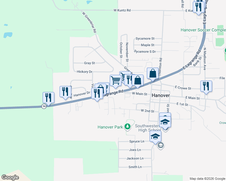 map of restaurants, bars, coffee shops, grocery stores, and more near 332 West Lagrange Road in Hanover