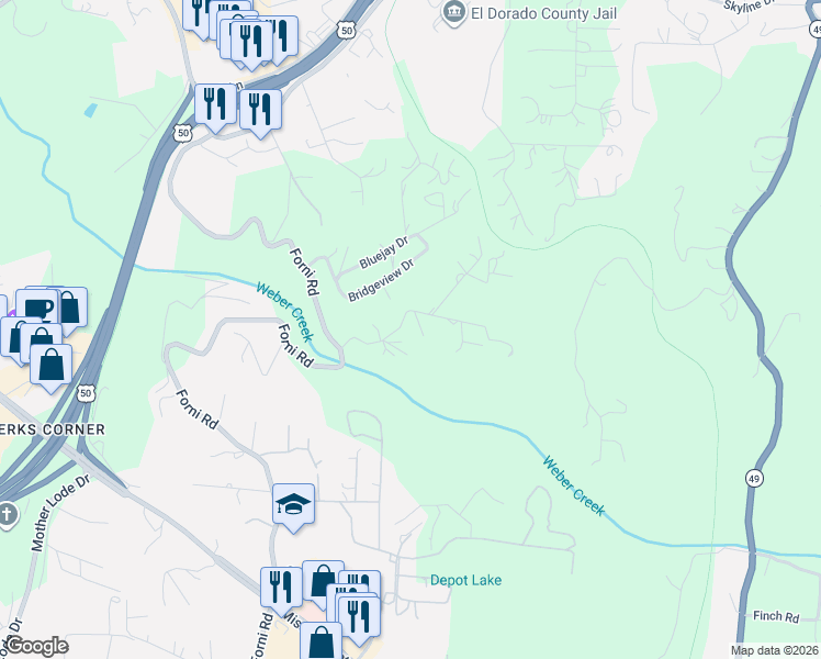 map of restaurants, bars, coffee shops, grocery stores, and more near 100 Dawn Lane in Placerville