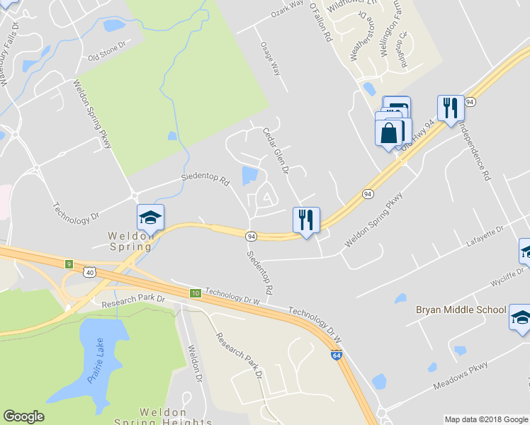 map of restaurants, bars, coffee shops, grocery stores, and more near 205 Kipling Way in Weldon Spring