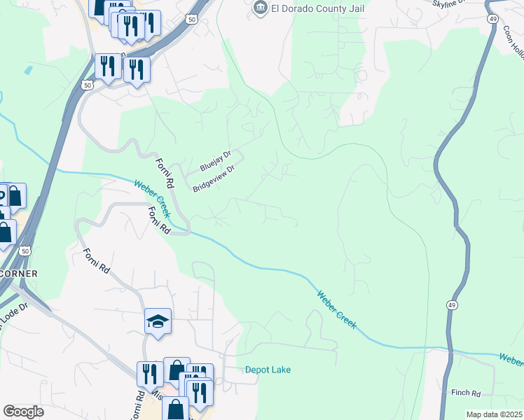 map of restaurants, bars, coffee shops, grocery stores, and more near 110 Dawn Lane in Placerville