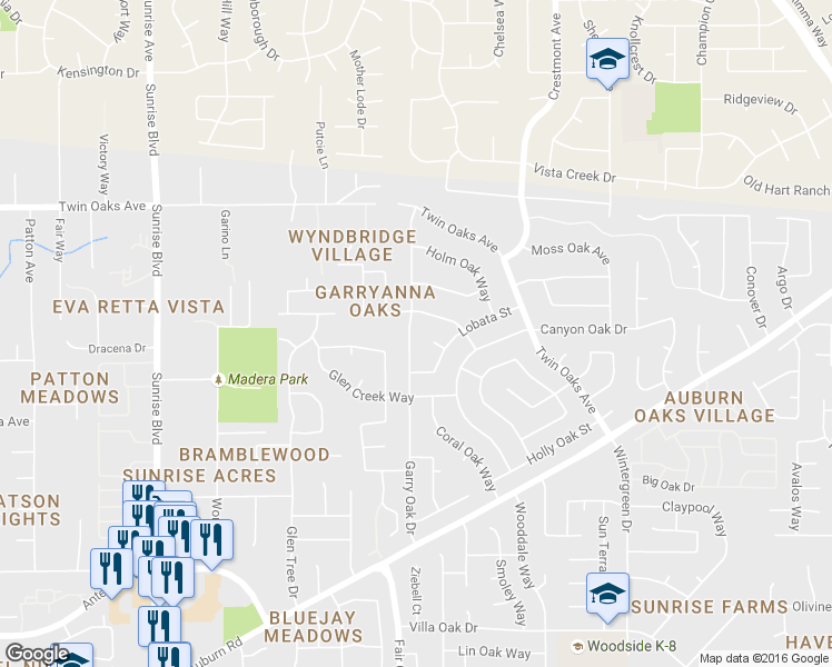 map of restaurants, bars, coffee shops, grocery stores, and more near 8233 Garry Oak Drive in Citrus Heights