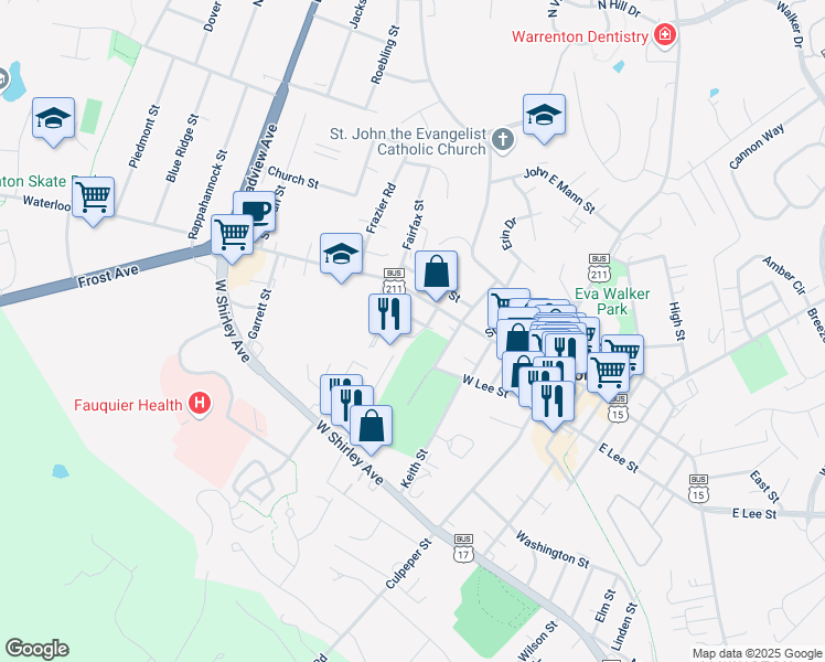 map of restaurants, bars, coffee shops, grocery stores, and more near 34 Warrenton Boulevard in Warrenton