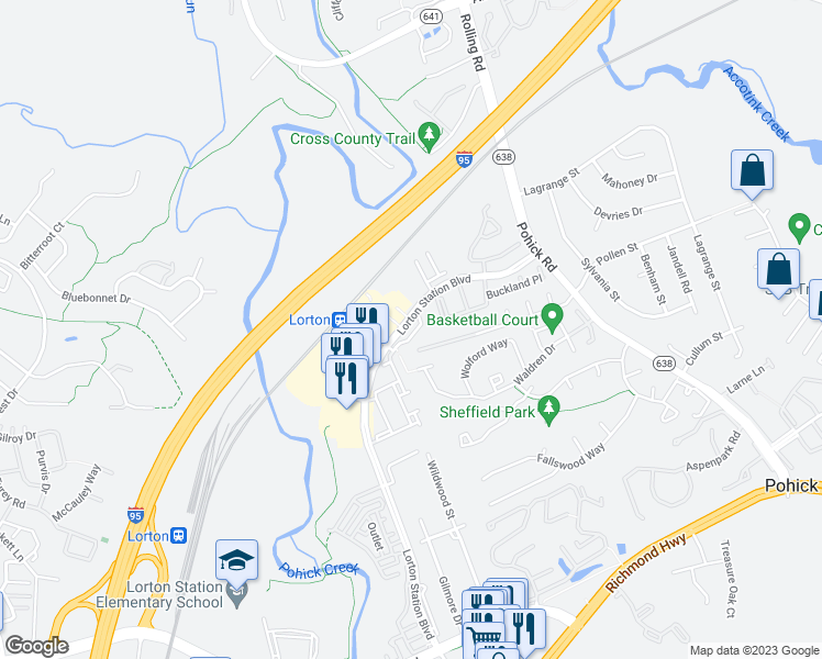map of restaurants, bars, coffee shops, grocery stores, and more near 8980 Harrover Place in Lorton