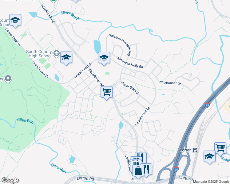 map of restaurants, bars, coffee shops, grocery stores, and more near 8917 Purple Lilac Circle in Lorton
